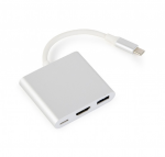 Adapter All-in-One Type-C to 1 х USB3.0 + Type-C + HDMI Gembird  A-CM-HDMIF-02-SV metal case Silver